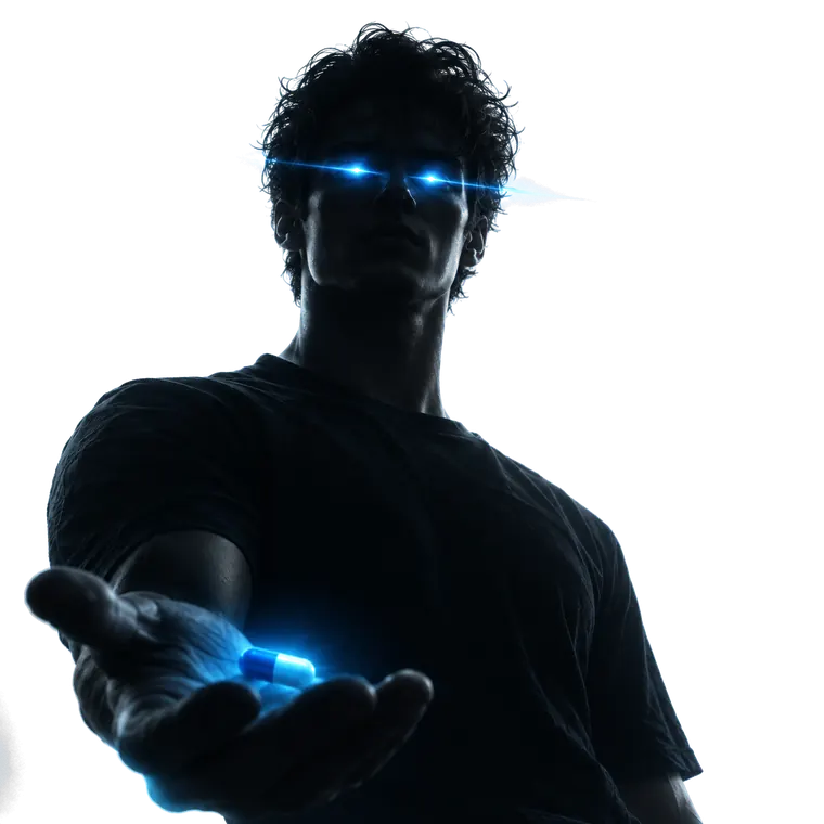 A figure with glowing eyes holding out a glowing blue capsule